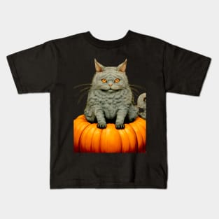 Japanese Cat on a Halloween Pumpkin During the Halloween Season on a dark (knocked out) background Kids T-Shirt